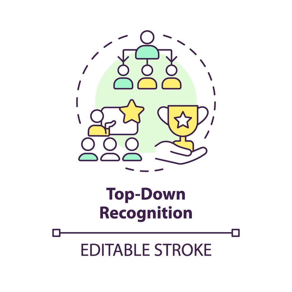 Top down recognition multi color concept icon. Acknowledging employee. Organization hierarchy. Workplace culture. Round shape line illustration. Abstract idea. Graphic design. Easy to use vector