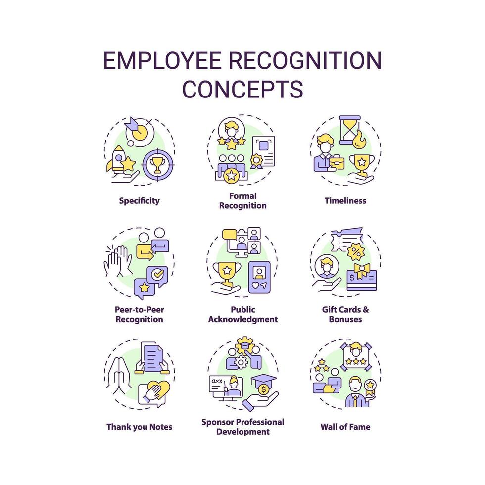 Employee recognition multi color concept icons. Team member appreciation. Workplace culture. Worker encouragement. Icon pack. Vector images. Round shape illustrations. Abstract idea