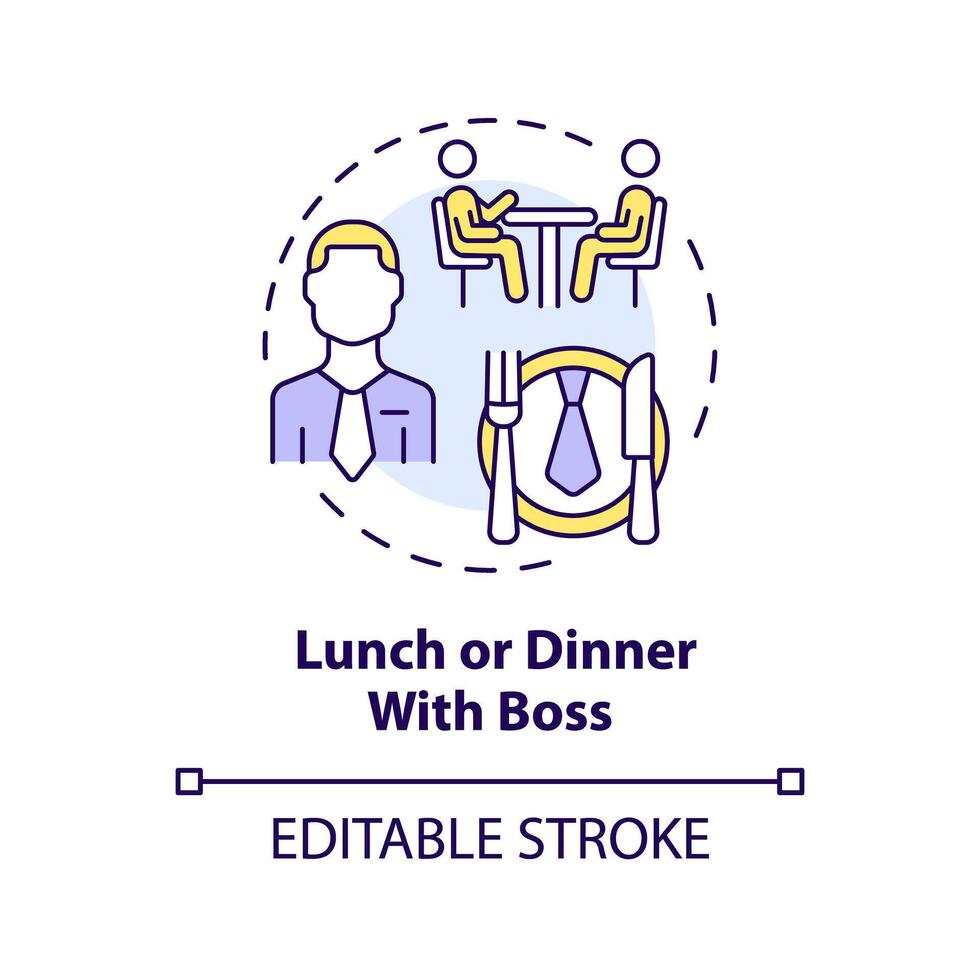 almuerzo o cena con jefe multi color concepto icono. jefe y empleado uno en uno reunión. negocio comida. empleado reconocimiento. redondo forma línea ilustración. resumen idea. gráfico diseño. fácil a utilizar vector