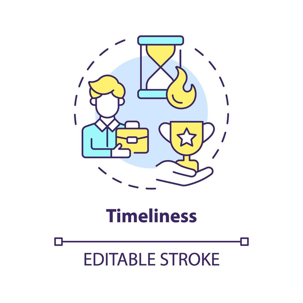 Timeliness multi color concept icon. Employee recognition criteria. Prompt appreciation. Boost morale. Time management. Round shape line illustration. Abstract idea. Graphic design. Easy to use vector