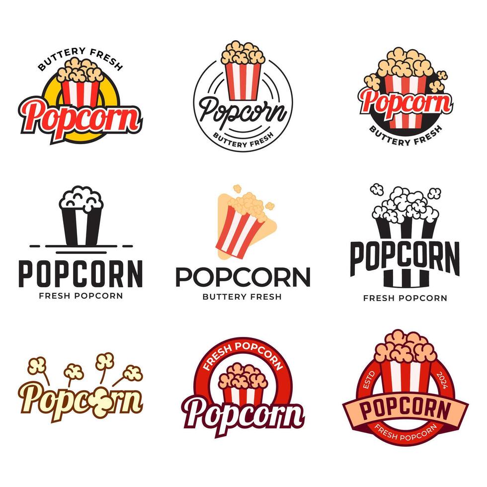 Set of Popcorn logo badge with illustration of popcorn in bucket isolated on white background vector