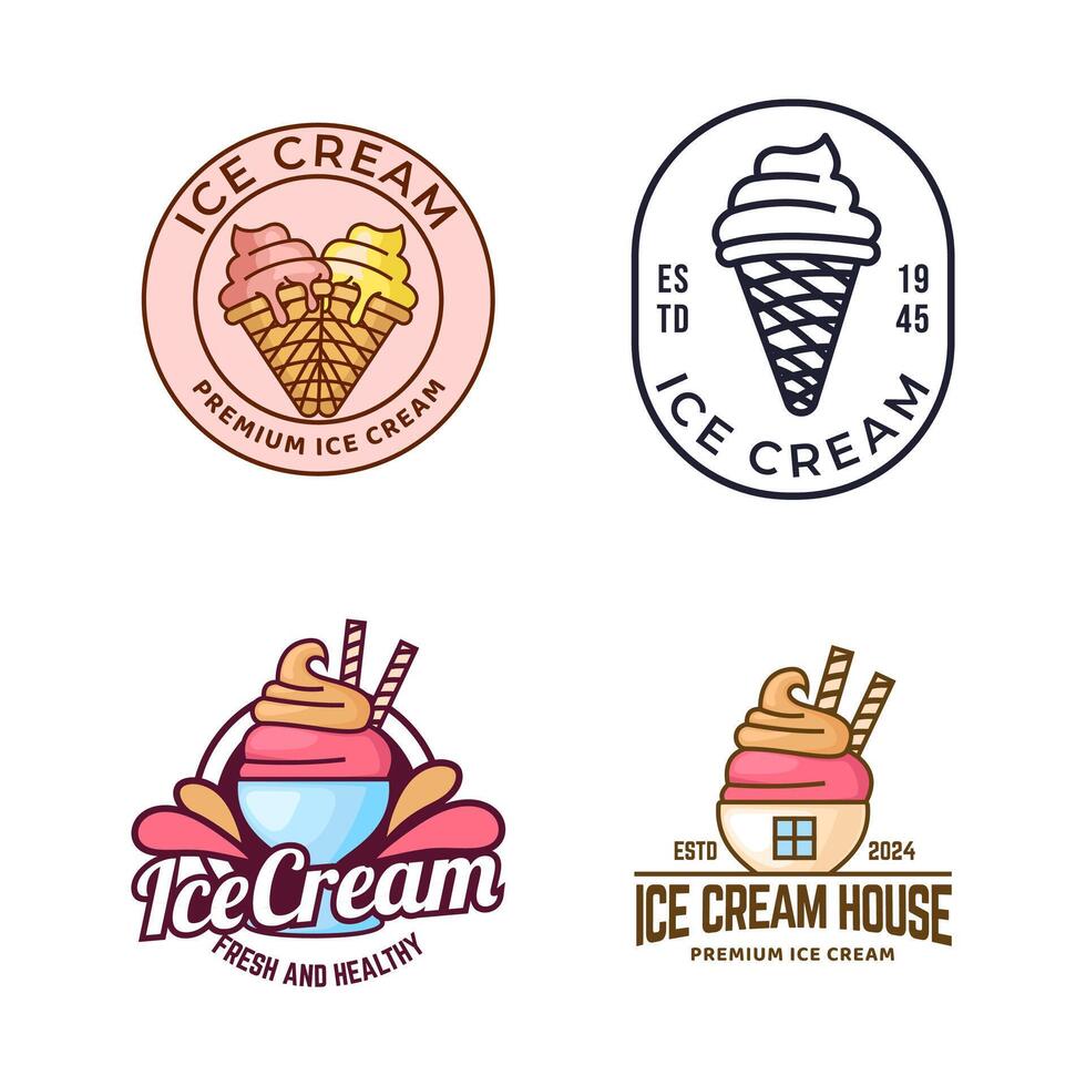 Set of ice cream shop logo badges and labels, gelateria signs. logotypes for cafeteria or bar. vector