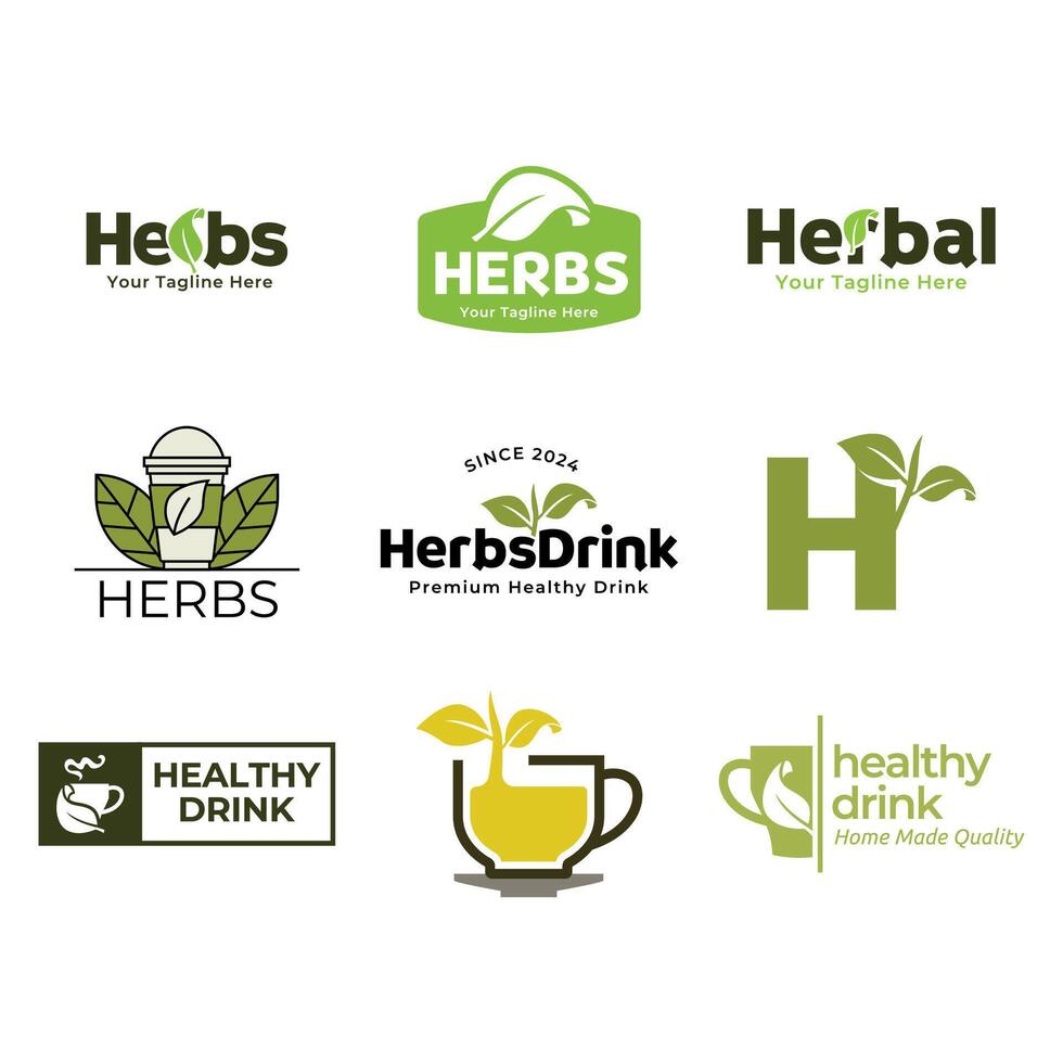 Set of vector herbs drink or Tea logos on a green background