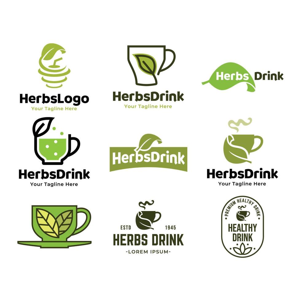 Set of vector herbs drink or Tea logos on a green background