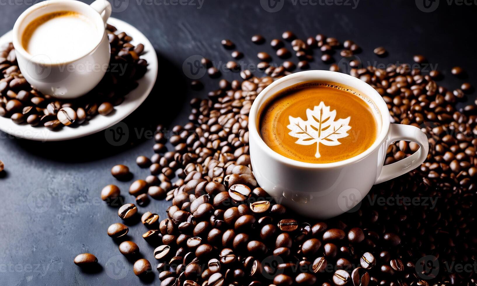 AI generated cup coffee beans, hot coffee, espresso coffee cup with beans, coffee bean background photo