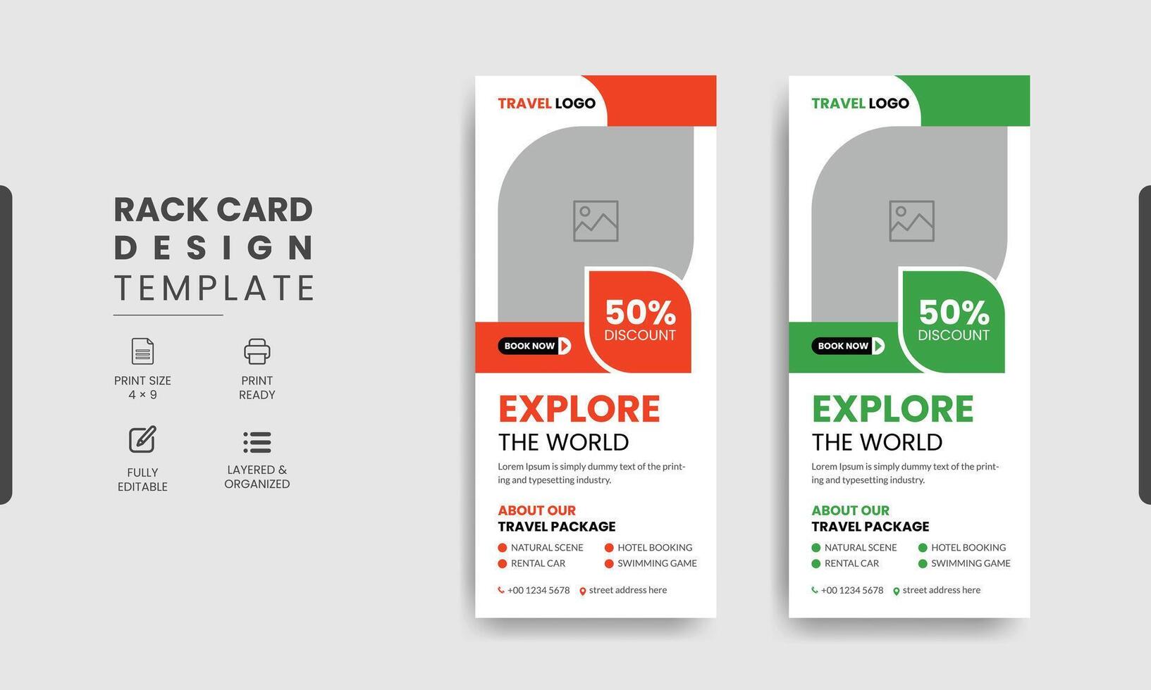 Travel Rack Card or Dl Flyer Template. Double-Sided Tour Poster Leaflet Design Template vector