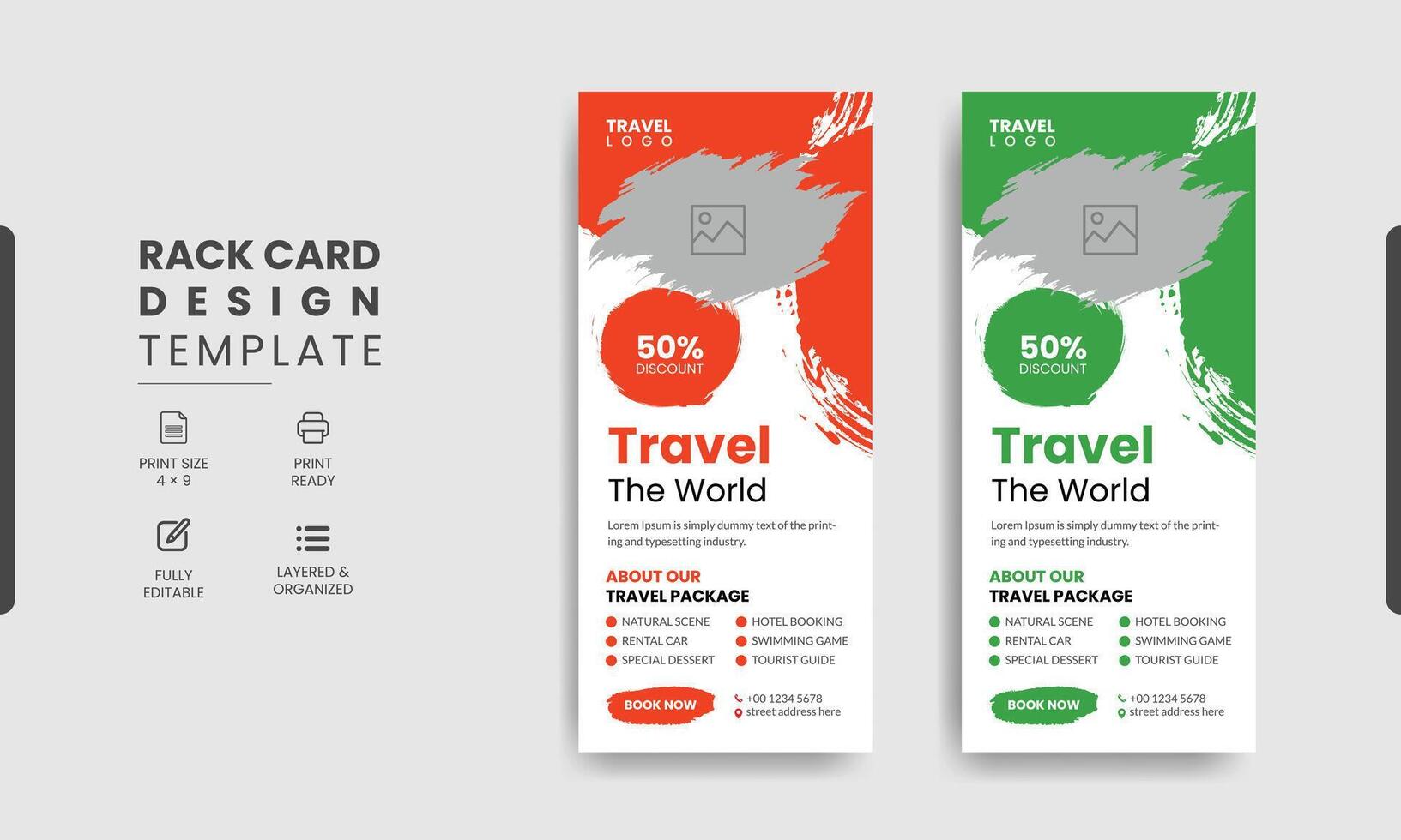 Travel Rack Card or Dl Flyer Template. Double-Sided Tour Poster Leaflet Design Template vector