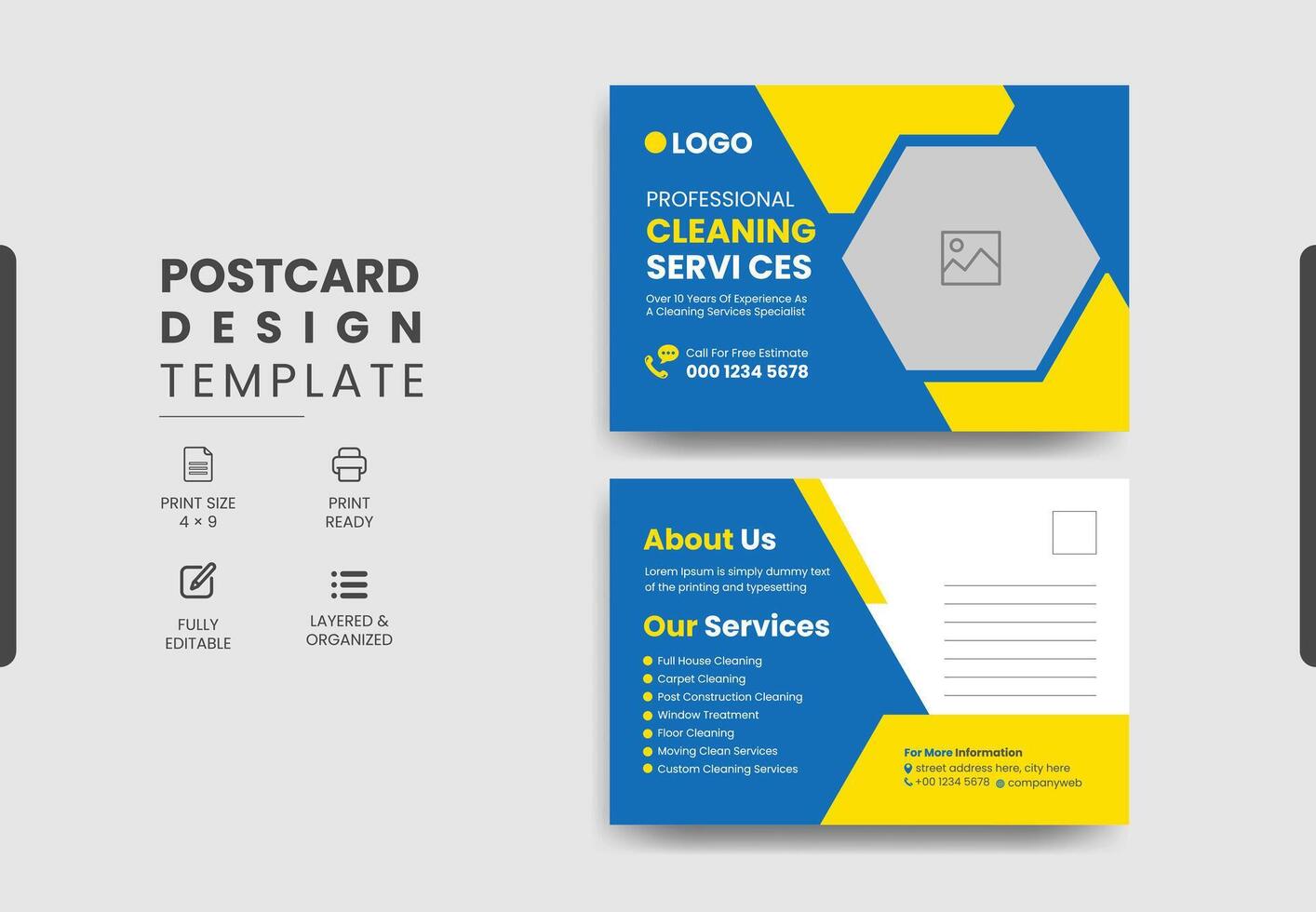 Professional cleaning services postcard template design vector