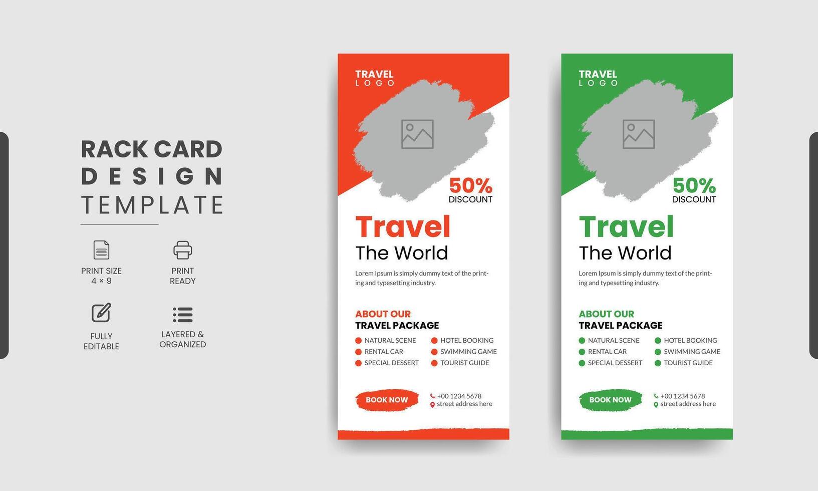 Travel Rack Card or Dl Flyer Template. Double-Sided Tour Poster Leaflet Design Template vector