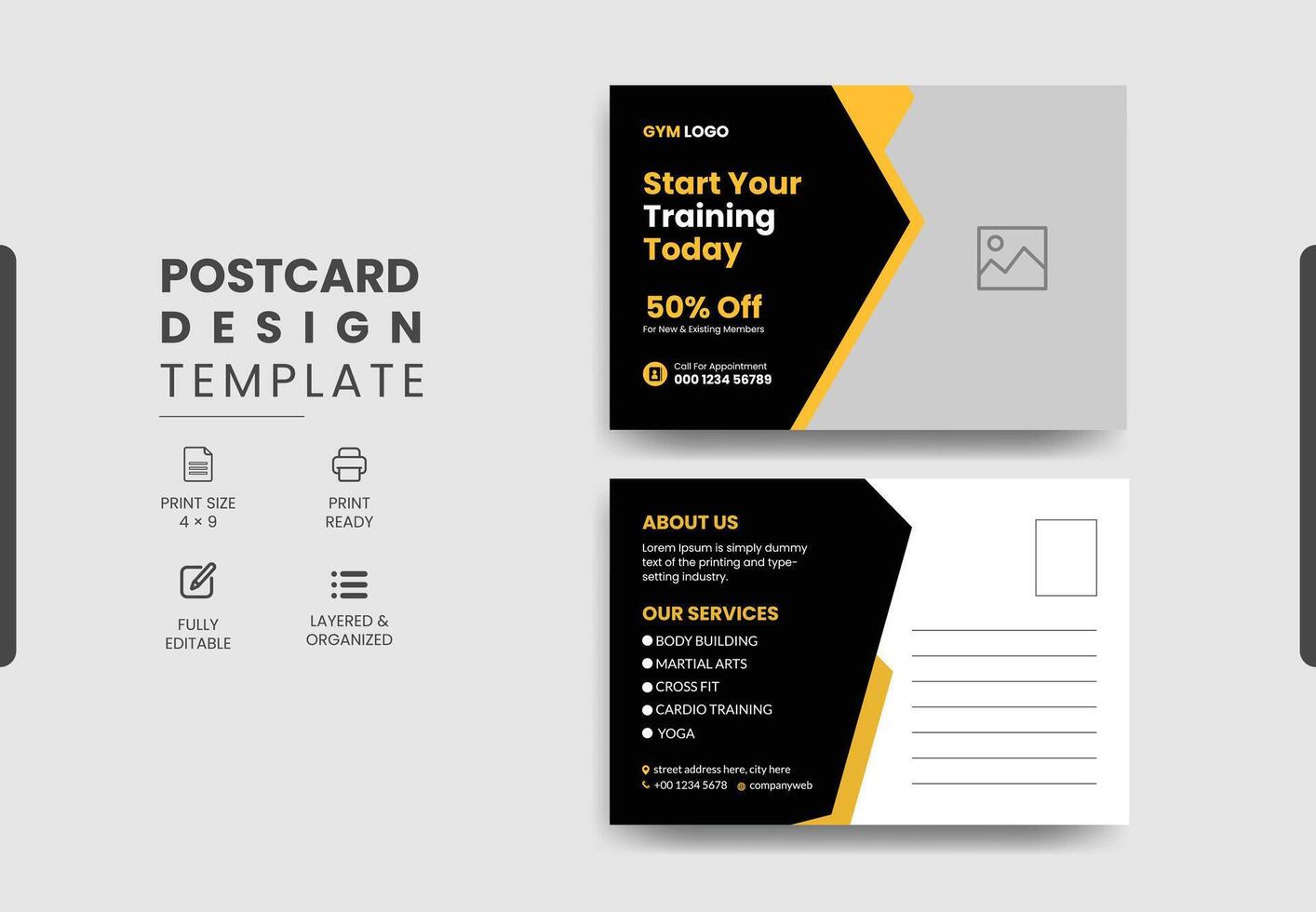 Modern professional gym fitness postcard design template vector