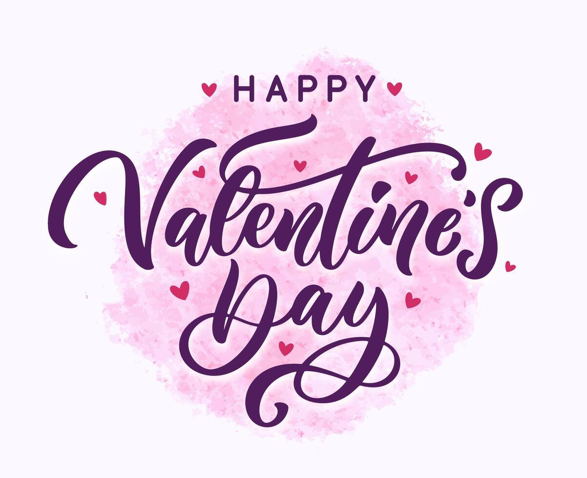 Valentine's Day text. Holiday handwritten lettering typography. Happy Valentine's Day text with cute hearts on a pastel pink background. vector