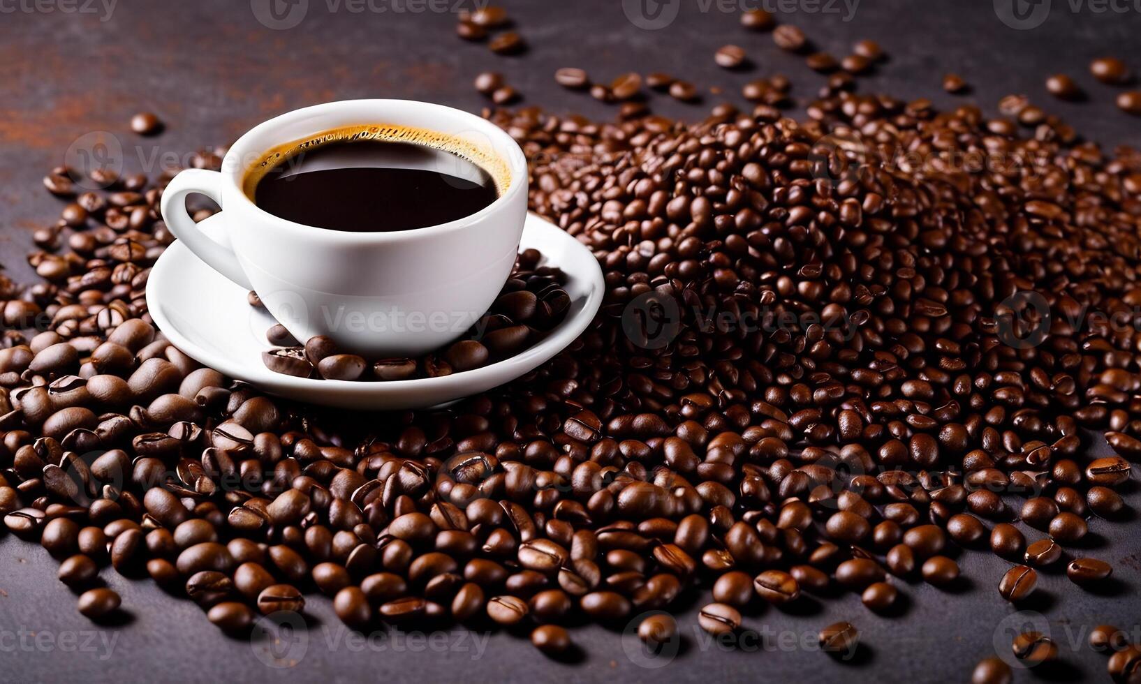 AI generated cup coffee beans, hot coffee, espresso coffee cup with beans, coffee bean background photo