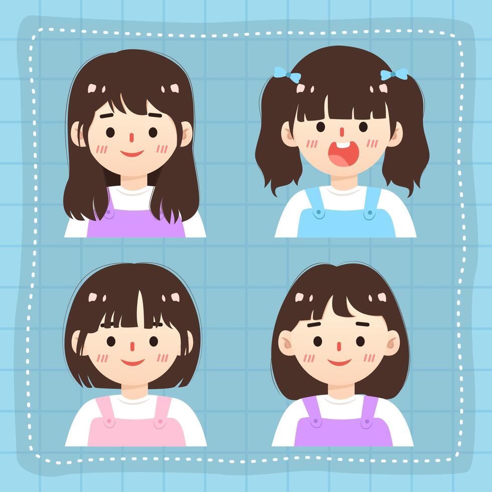 cute girl poses and facial expressions cartoon illustration vector