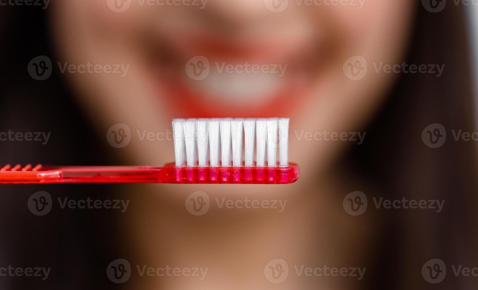Smiling young woman with healthy teeth holds a toothbrush. Selective focus. Cropped photo. Blurred background. photo