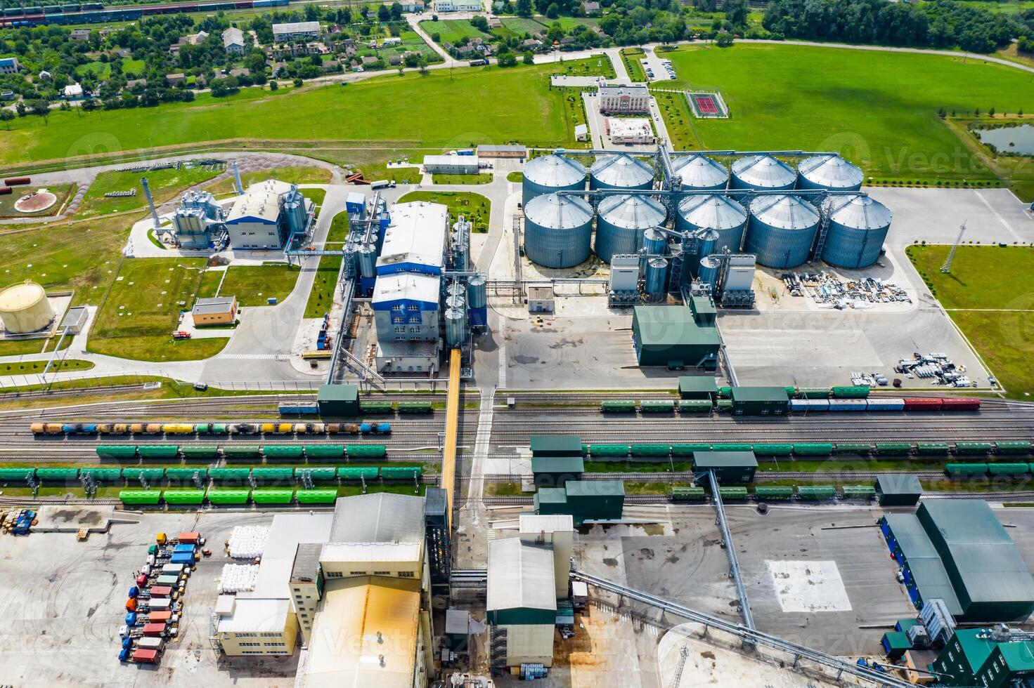 Bio gas station. Modern biofuel factory. Aerial view on biofuel plant. Ecological production. Photo from above.