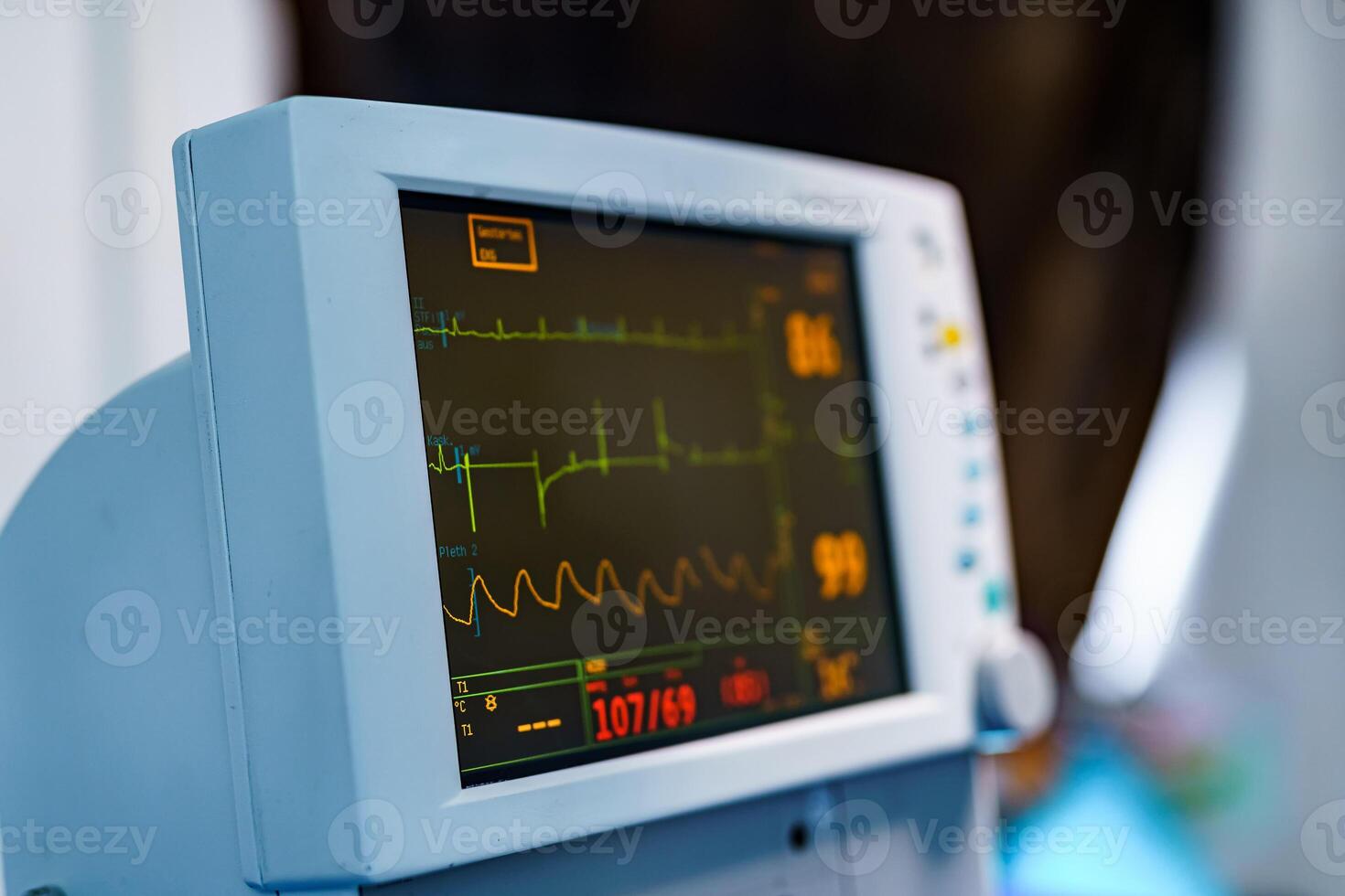 Medical devices, Interior hospital design concept. Interior of operating room in modern clinic, screen with tests closeup photo