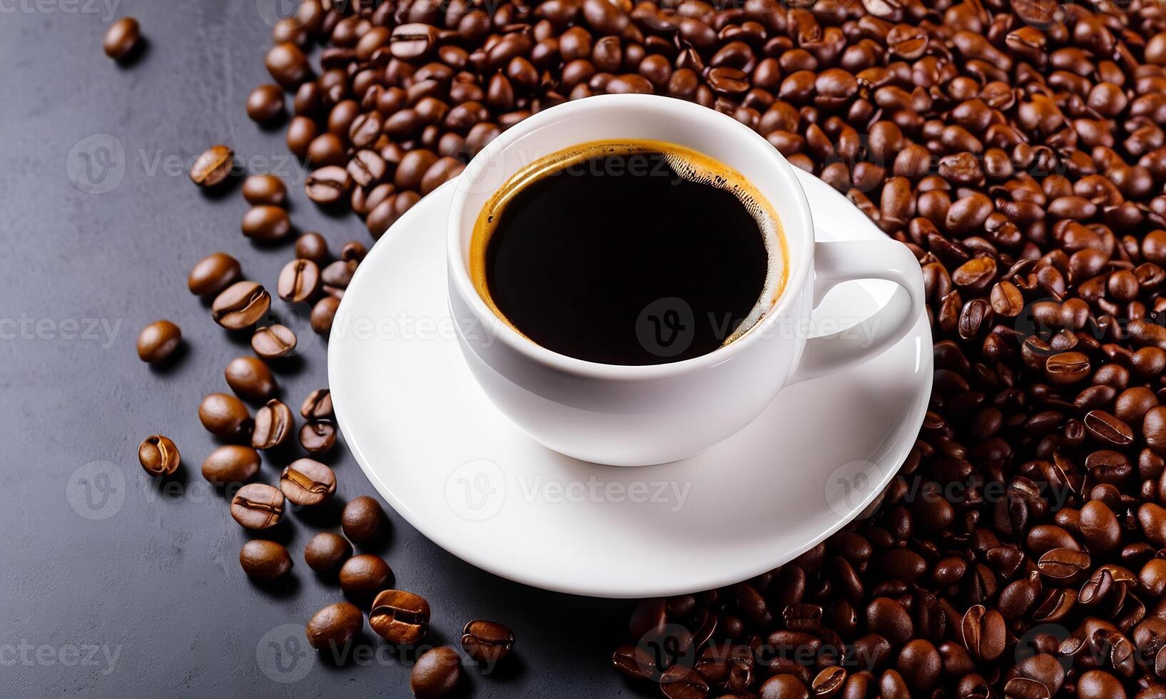 AI generated cup coffee beans, hot coffee, espresso coffee cup with beans, coffee bean background photo