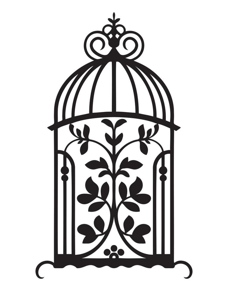 Silhouette of a bird cage decorative with leaves, Black wall decals with flying birds in cage, minimalistic decorative art for interior, Silhouette of a decorative vintage bird cage vector