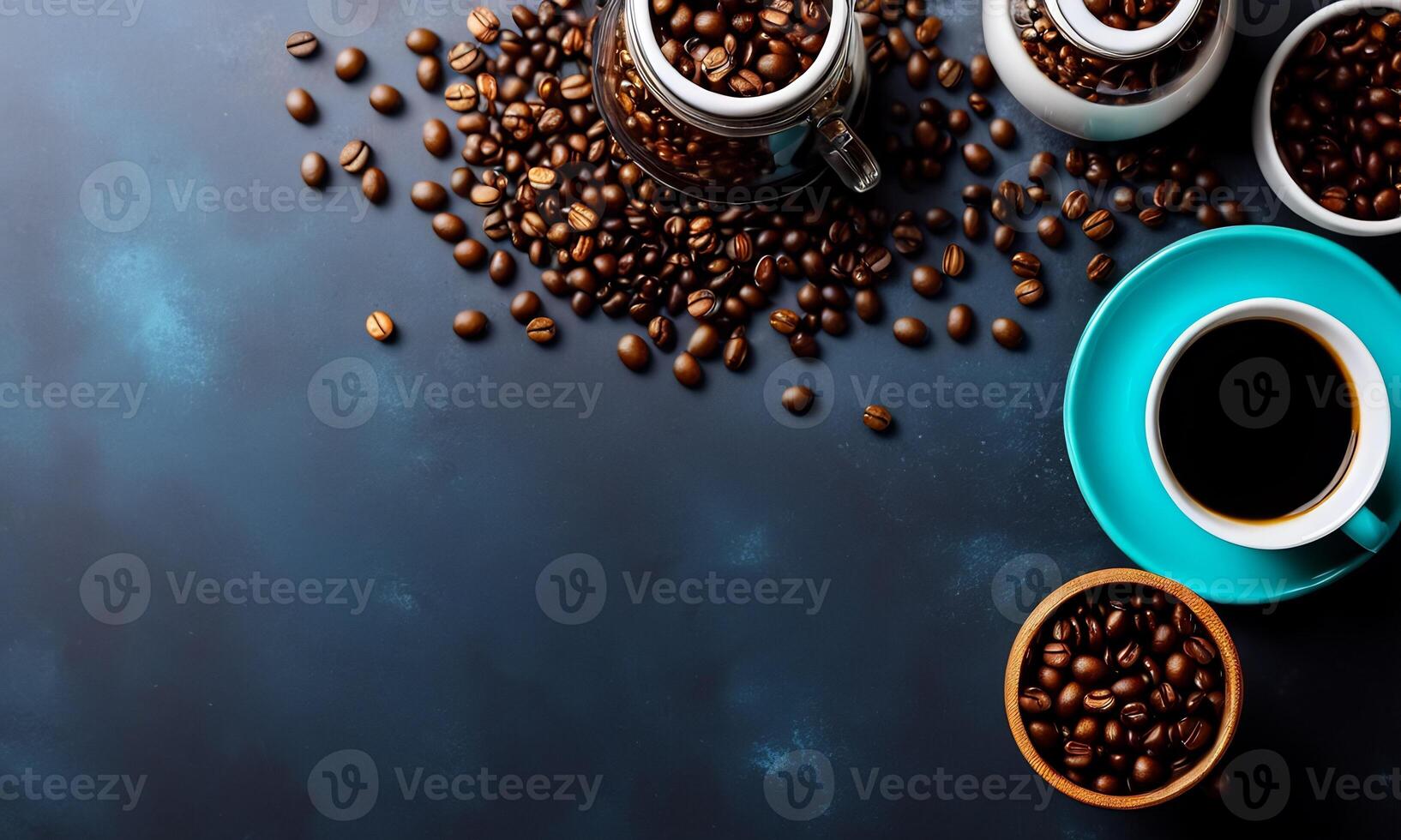 AI generated cup coffee beans, hot coffee, espresso coffee cup with beans, coffee bean background photo