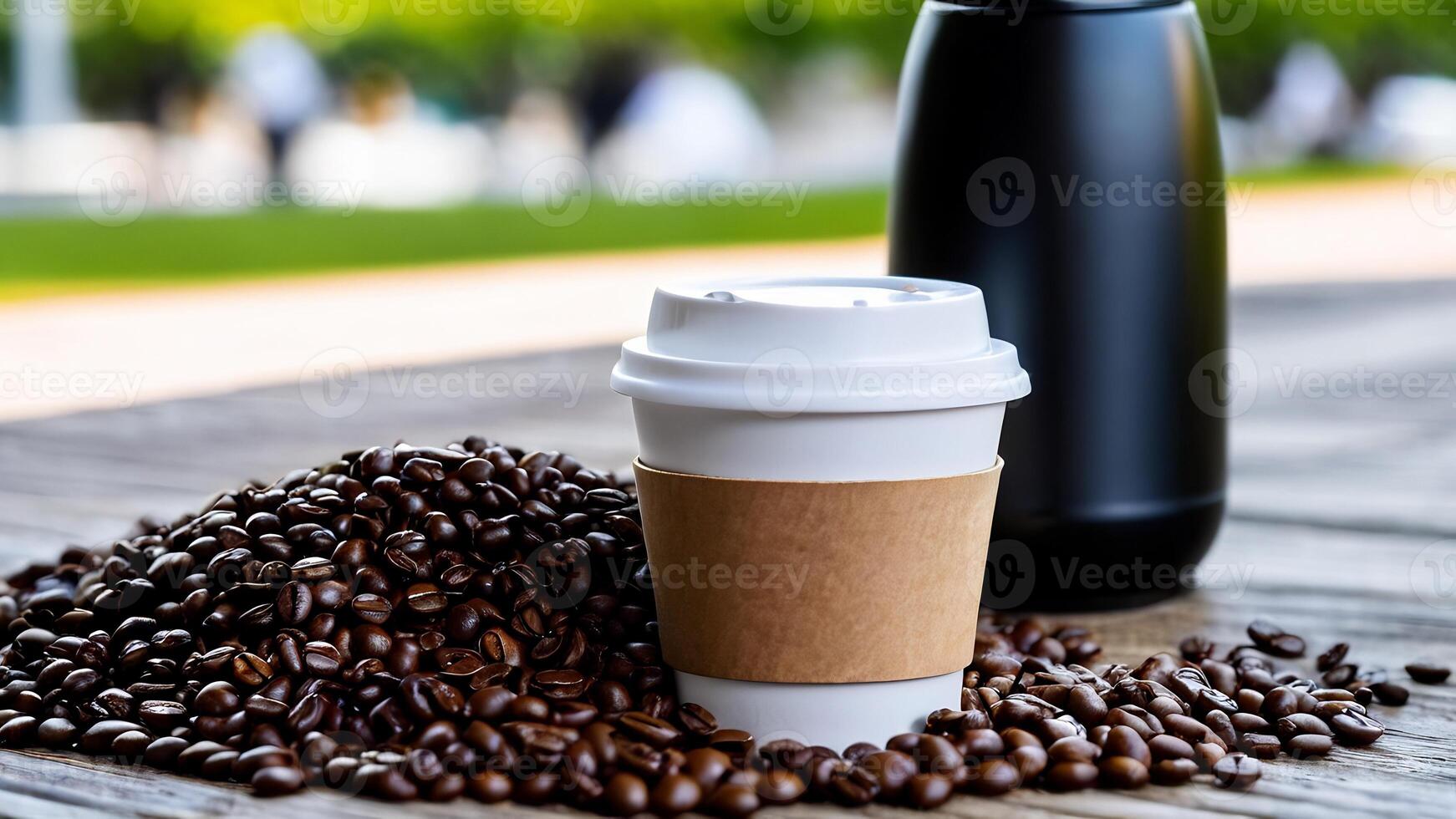 AI generated coffee cup mockup design, coffee cup mockup on coffee beans, hot coffee background, blank coffee cup mockups, paper coffee bags photo