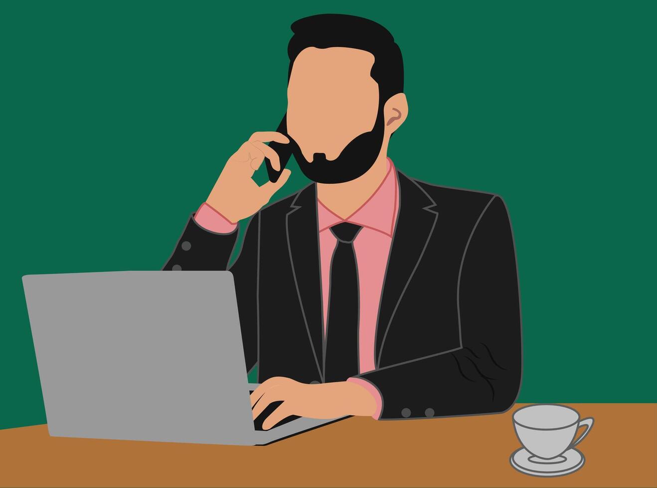 ilustración de dibujos animados personas personaje diseño joven hombre trabajando en ordenador portátil y hablando en el móvil teléfono mientras sentado por el escritorio en el oficina en un blanco antecedentes vector