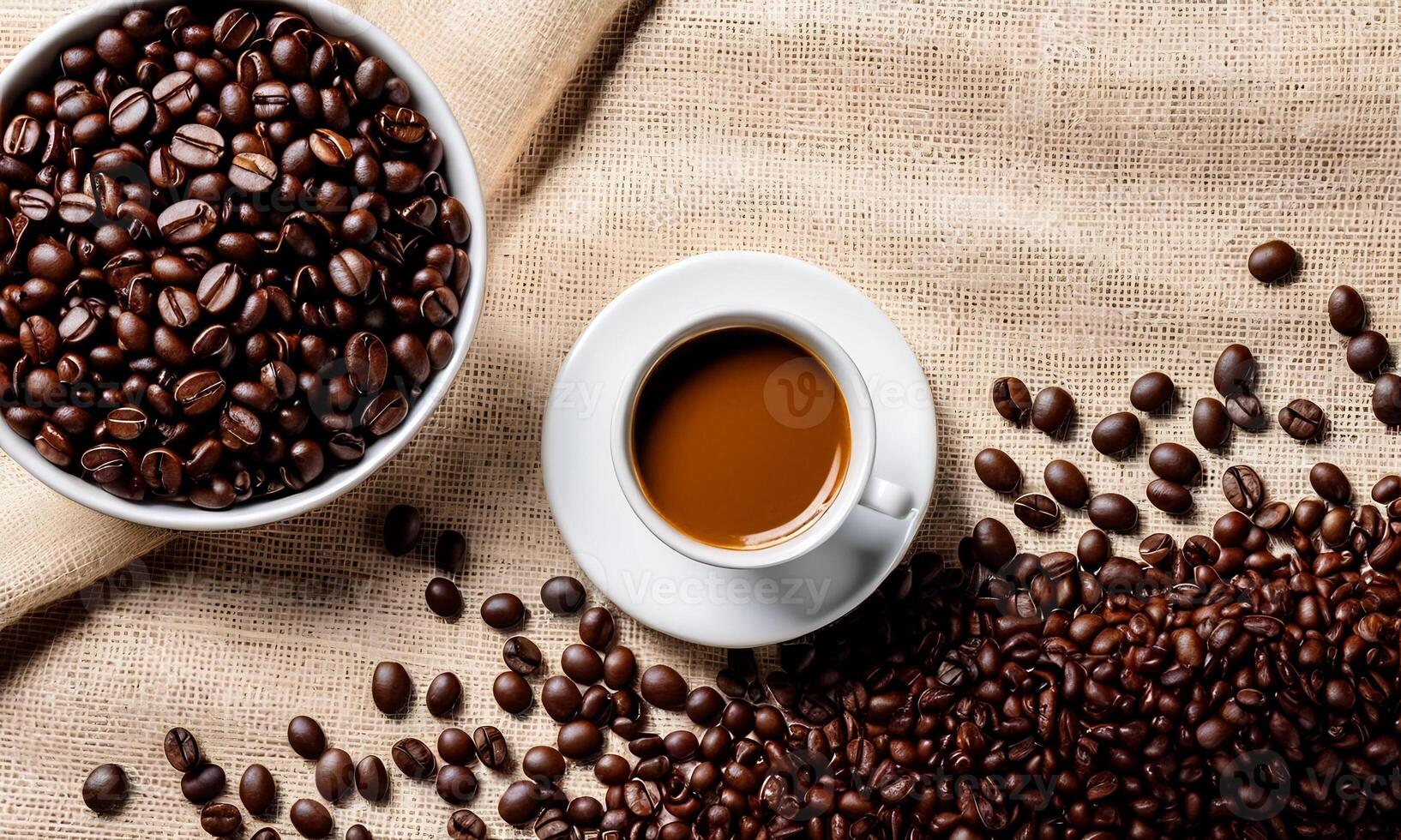 AI generated cup coffee beans, hot coffee, espresso coffee cup with beans, coffee bean background photo