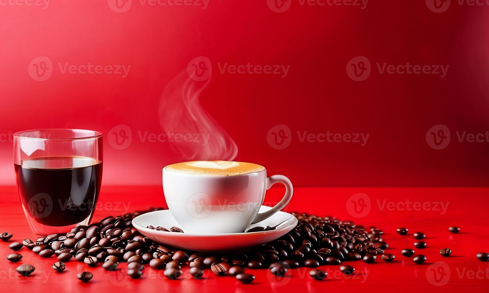 AI generated cup coffee beans, hot coffee, espresso coffee cup with beans, coffee bean background photo