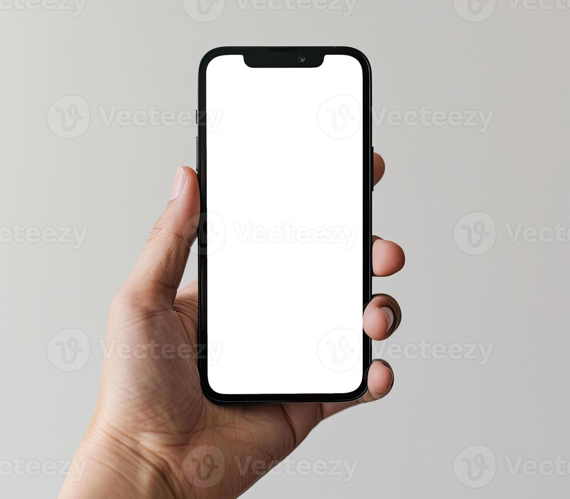 AI generated Modern smartphone mockup. Hand holding smartphone with white blank screen. photo