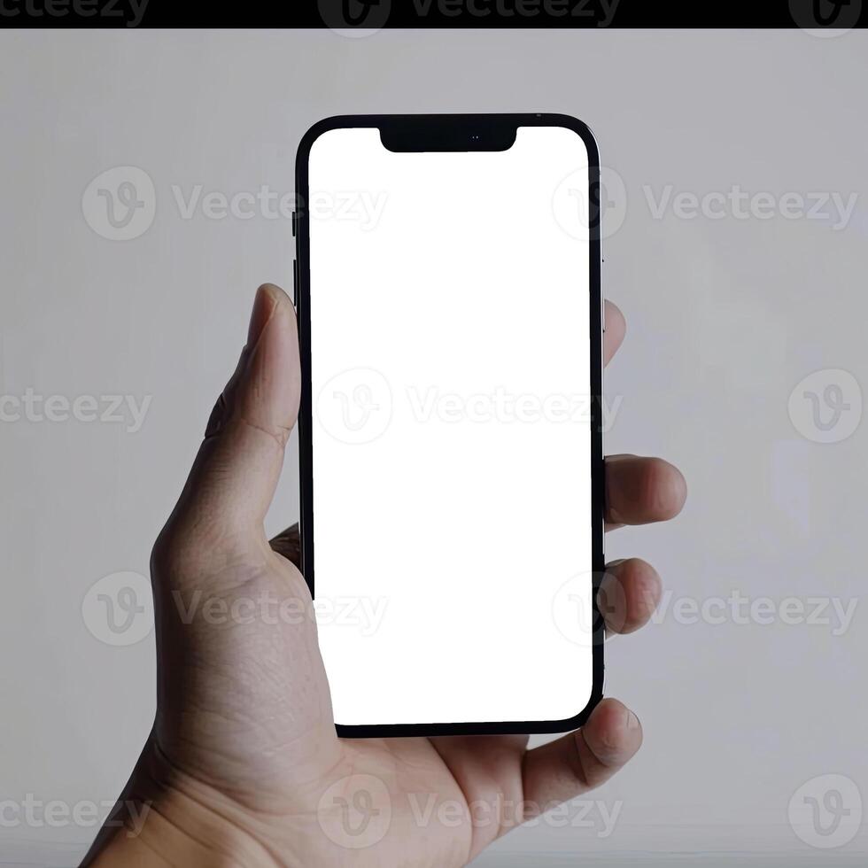 AI generated Modern smartphone mockup. Hand holding smartphone with white blank screen. photo