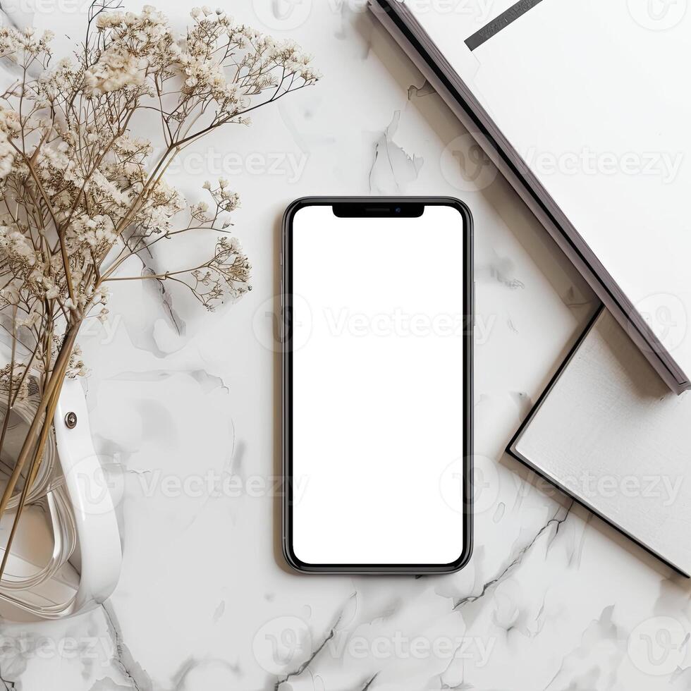 AI generated Modern smartphone mockup scene. Smartphone mockup template with blank white screen. photo