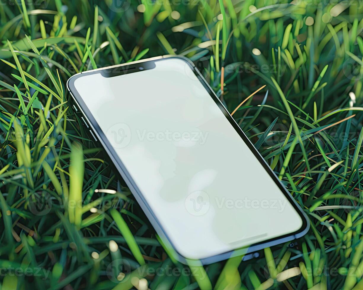 AI generated Modern smartphone mockup scene. Smartphone mockup template with blank white screen on green grass. photo