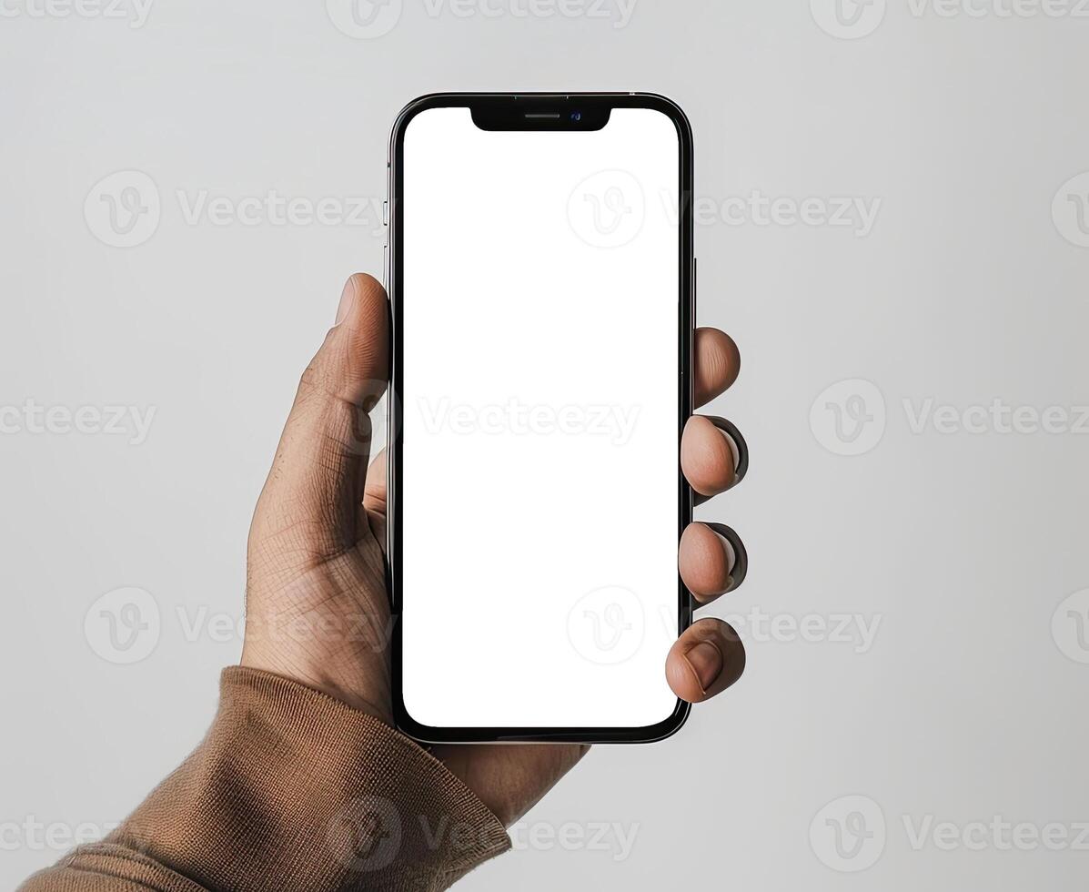 AI generated Modern smartphone mockup. Hand holding smartphone with white blank screen. photo