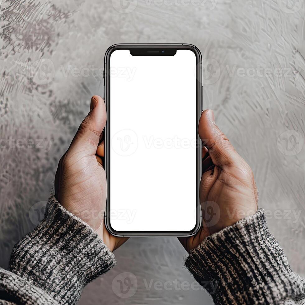ai generado moderno teléfono inteligente Bosquejo. mano participación teléfono inteligente con blanco blanco pantalla. foto