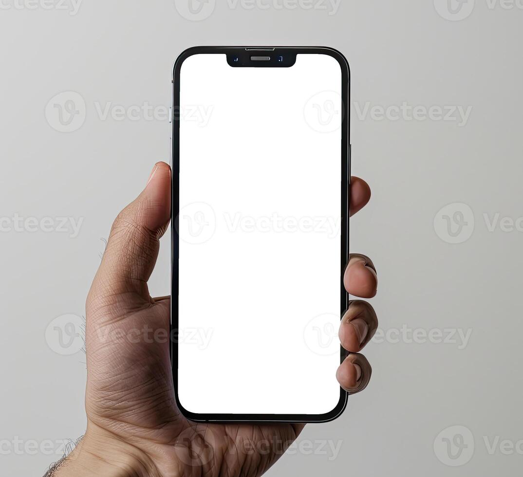 AI generated Modern smartphone mockup. Hand holding smartphone with white blank screen. photo