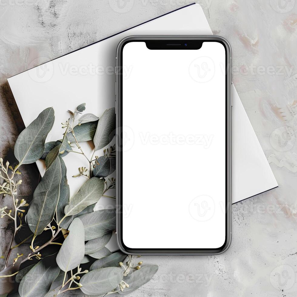 AI generated Modern smartphone mockup scene. Smartphone mockup template with blank white screen. photo