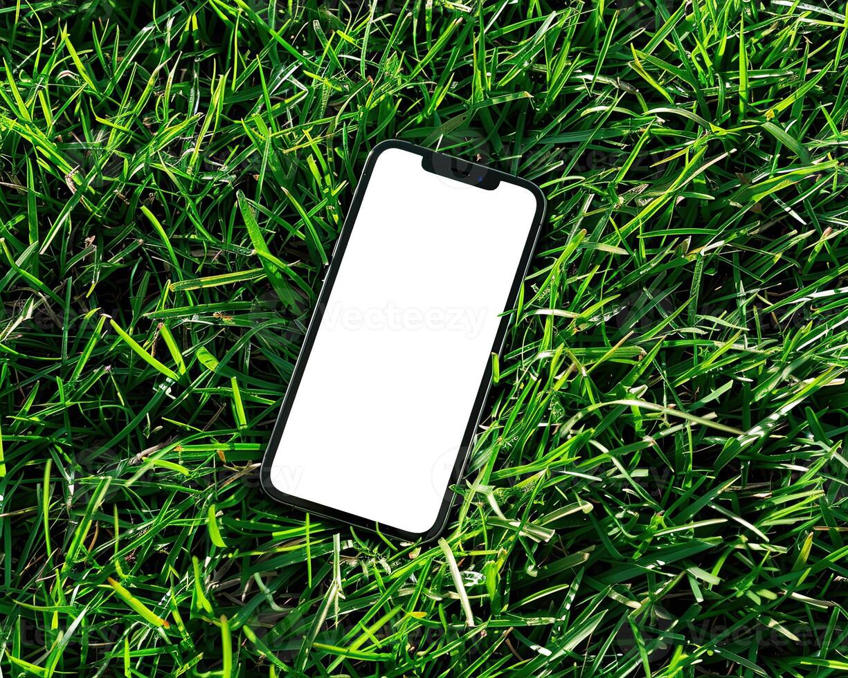 AI generated Modern smartphone mockup scene. Smartphone mockup template with blank white screen on green grass. photo