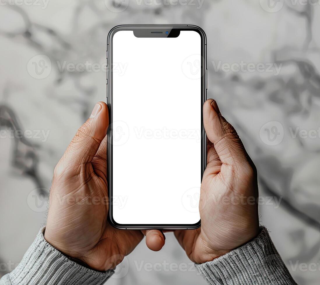 AI generated Modern smartphone mockup. Hand holding smartphone with white blank screen. photo