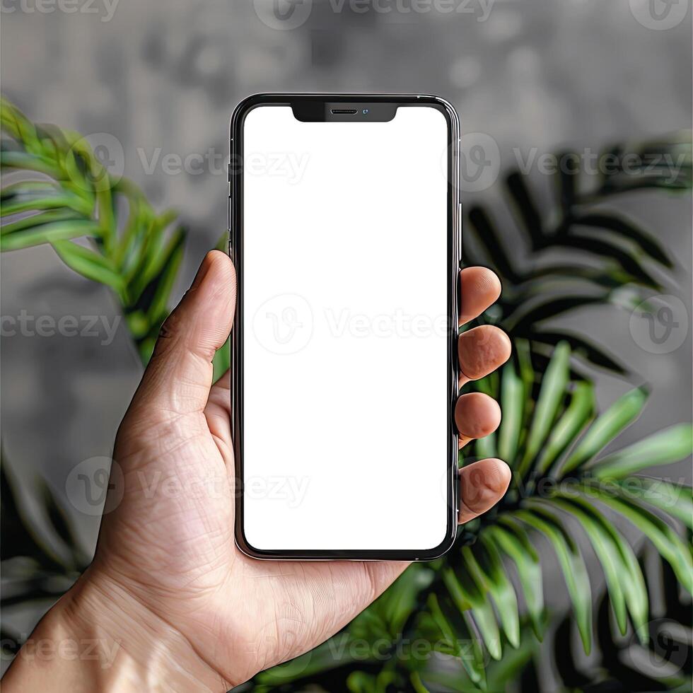 AI generated Modern smartphone mockup. Hand holding smartphone with white blank screen. photo