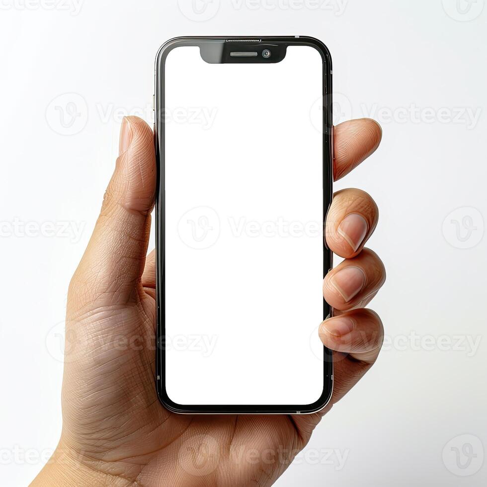 AI generated Modern smartphone mockup. Hand holding smartphone with white blank screen. photo