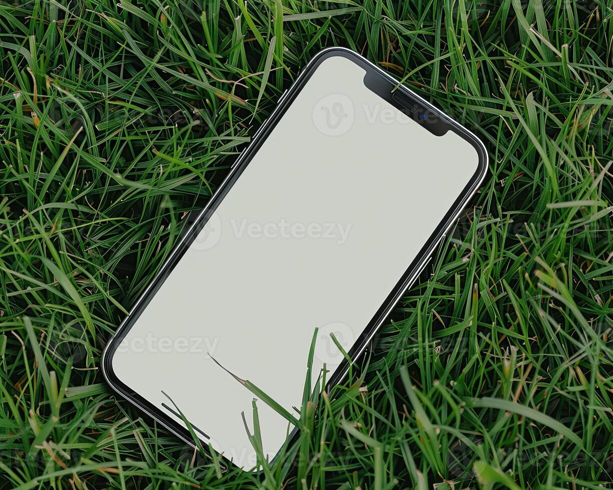 AI generated Modern smartphone mockup scene. Smartphone mockup template with blank white screen on green grass. photo