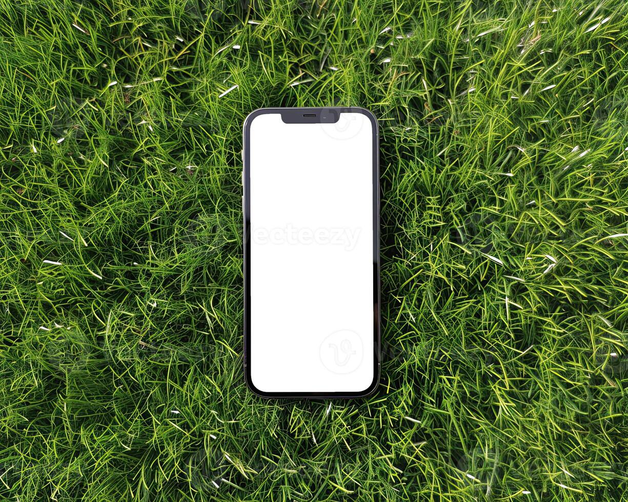 AI generated Modern smartphone mockup scene. Smartphone mockup template with blank white screen on green grass. photo