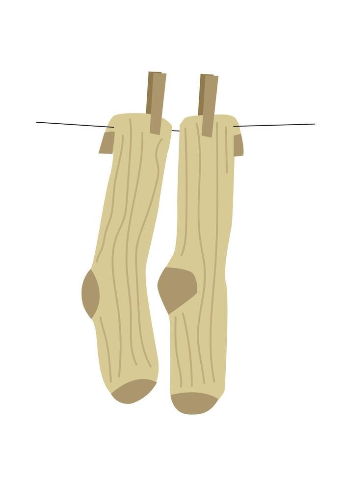 A pair of socks hanging on a clothesline. Laundry flat illustration. Clean and fresh clothes and underwear. vector