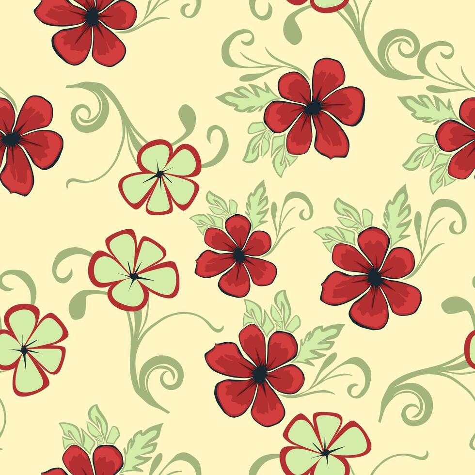 seamless pattern with images of red flowers and green leaves in a flat design style vector