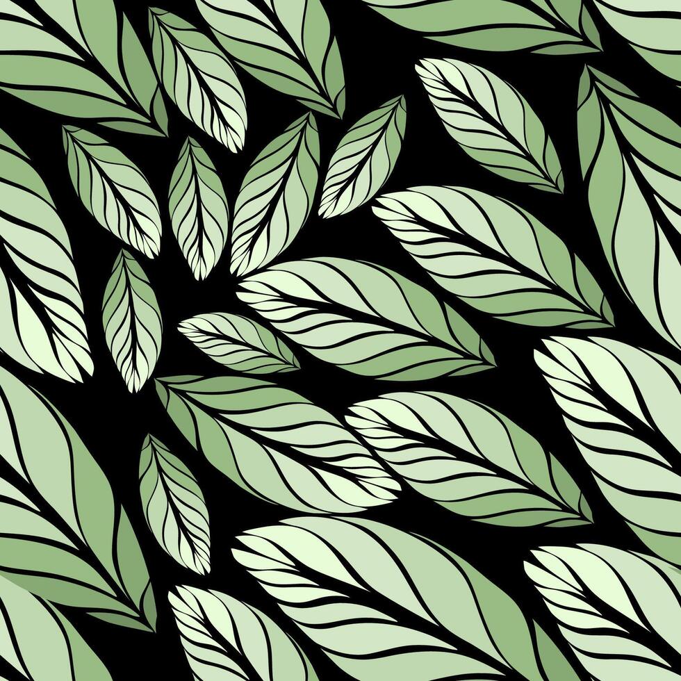 seamless pattern with leaf illustrations, with green gradient colors and a dark background vector