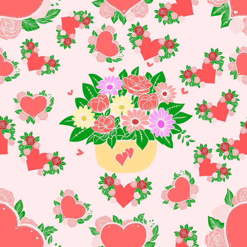 flores y amor en un rosado tema en un sin costura modelo diseño vector