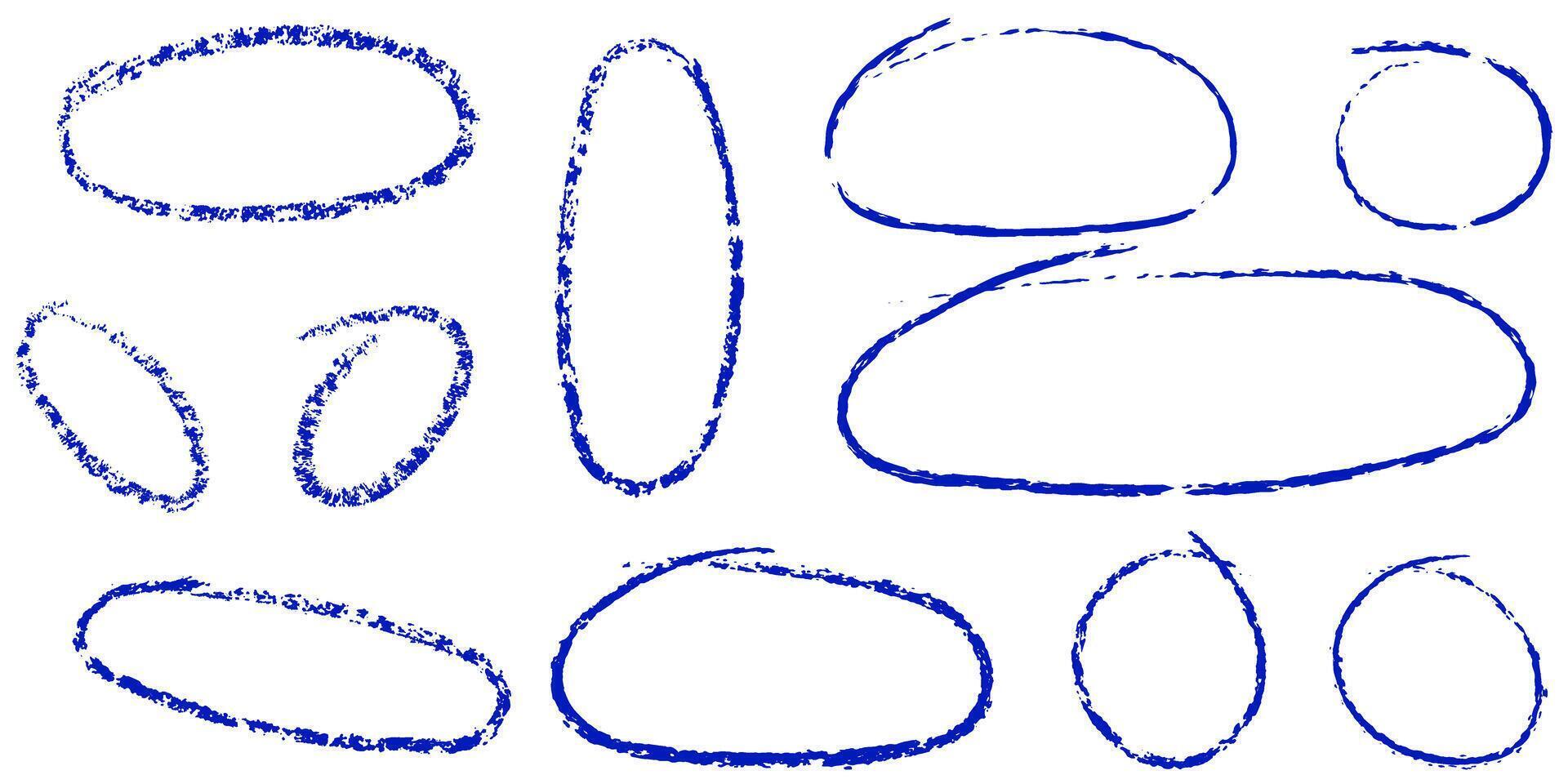 Hand drawn blue crayons, oval, circle. Highlight frames, round doodle crayons. Vector illustration