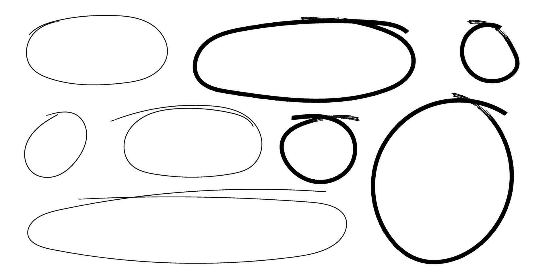 Set of hand drawn circle, oval highlight frame. Doodle drawing, line border, design element. Vector illustration