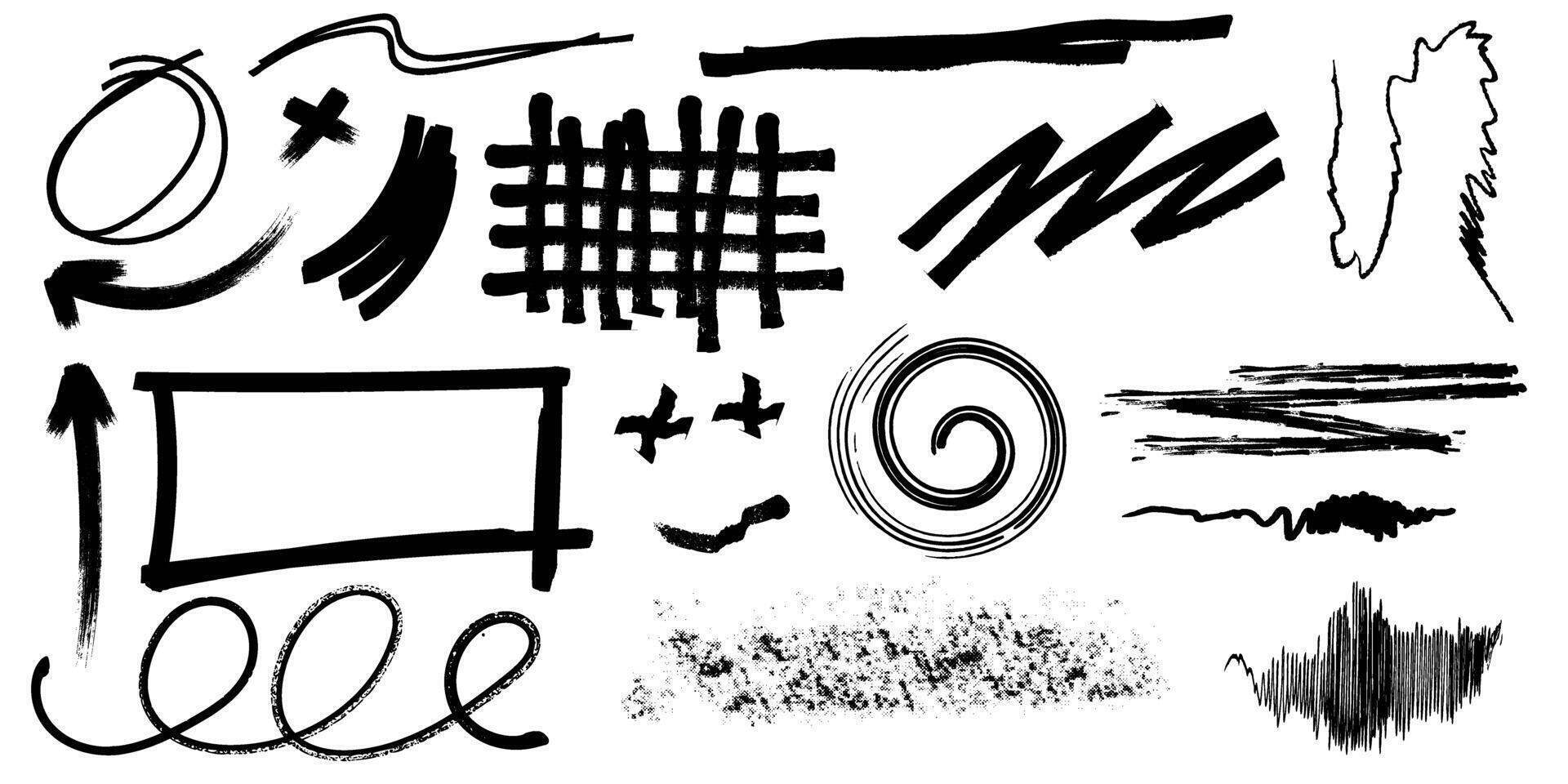 Set of scribble abstract elements. Grungy hand drawn doodle, black brush stroke, vector illustration