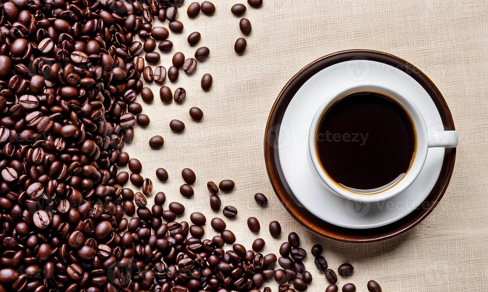 AI generated cup coffee beans, hot coffee, espresso coffee cup with beans, coffee bean background photo