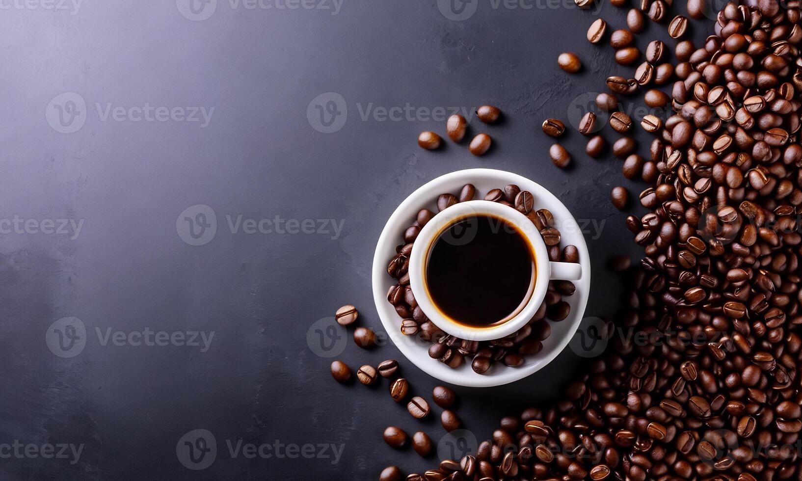 AI generated cup coffee beans, hot coffee, espresso coffee cup with beans, coffee bean background photo